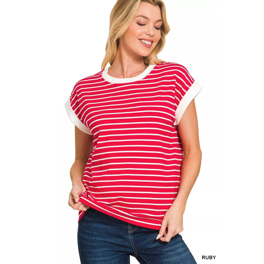 Zenana Full Size Contrast Trim Cap Sleeve Stripe Tee Plus Size RUBY / S Apparel and Accessories
