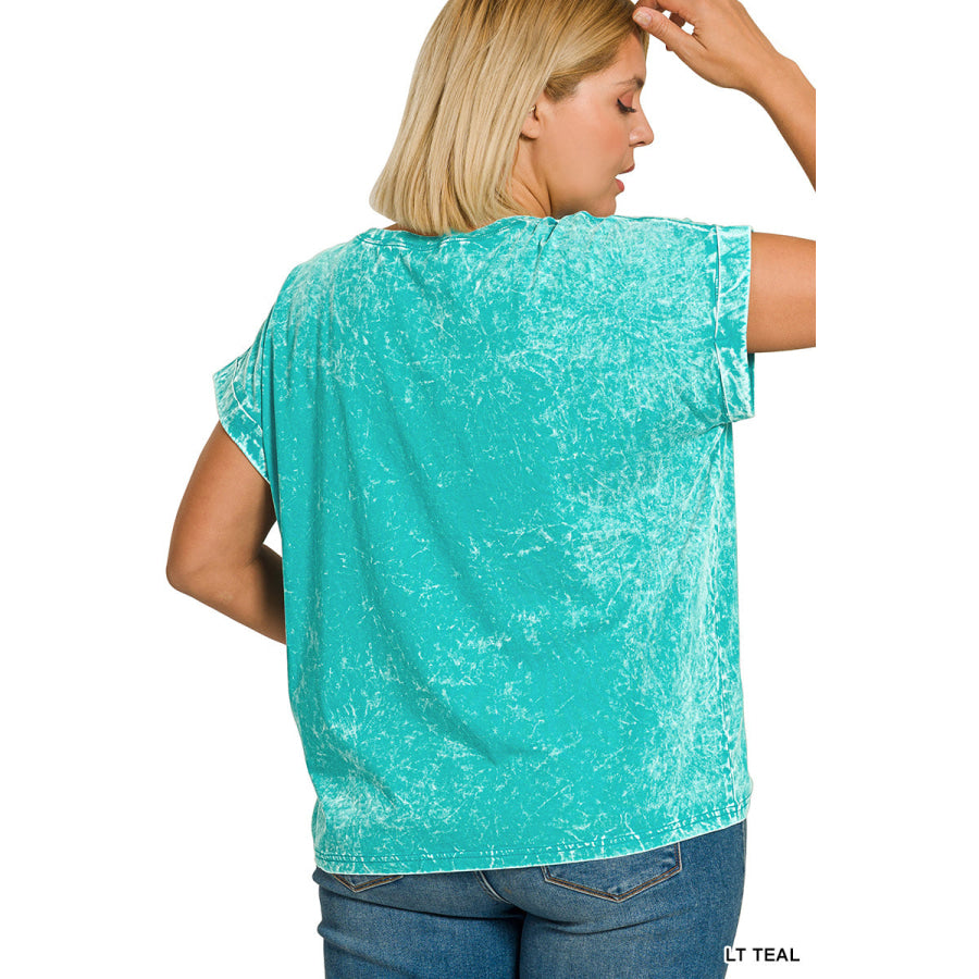 Zenana Full Size Crinkle Washed Round Neck Folded Short Sleeve Tee Plus Size Apparel and Accessories