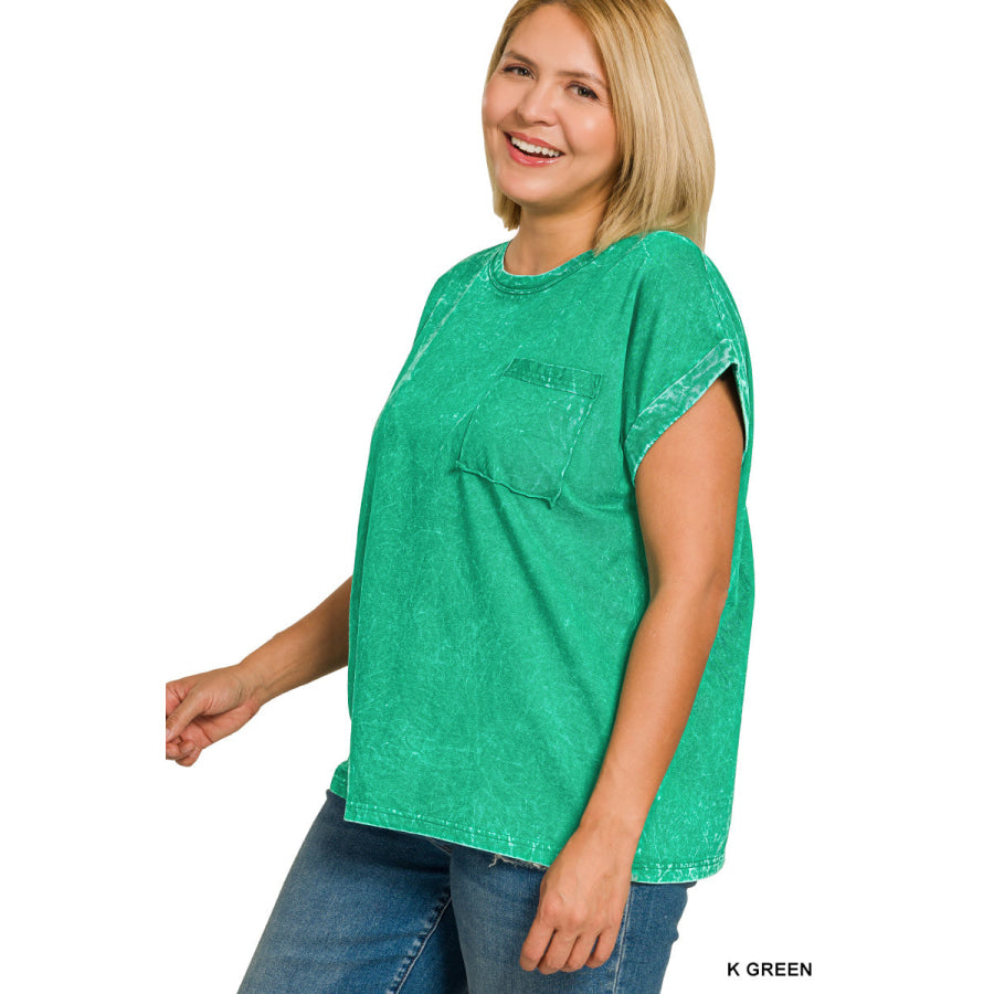 Zenana Full Size Crinkle Washed Round Neck Folded Short Sleeve Tee Plus Size Apparel and Accessories