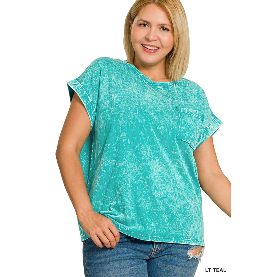 Zenana Full Size Crinkle Washed Round Neck Folded Short Sleeve Tee Plus Size Apparel and Accessories