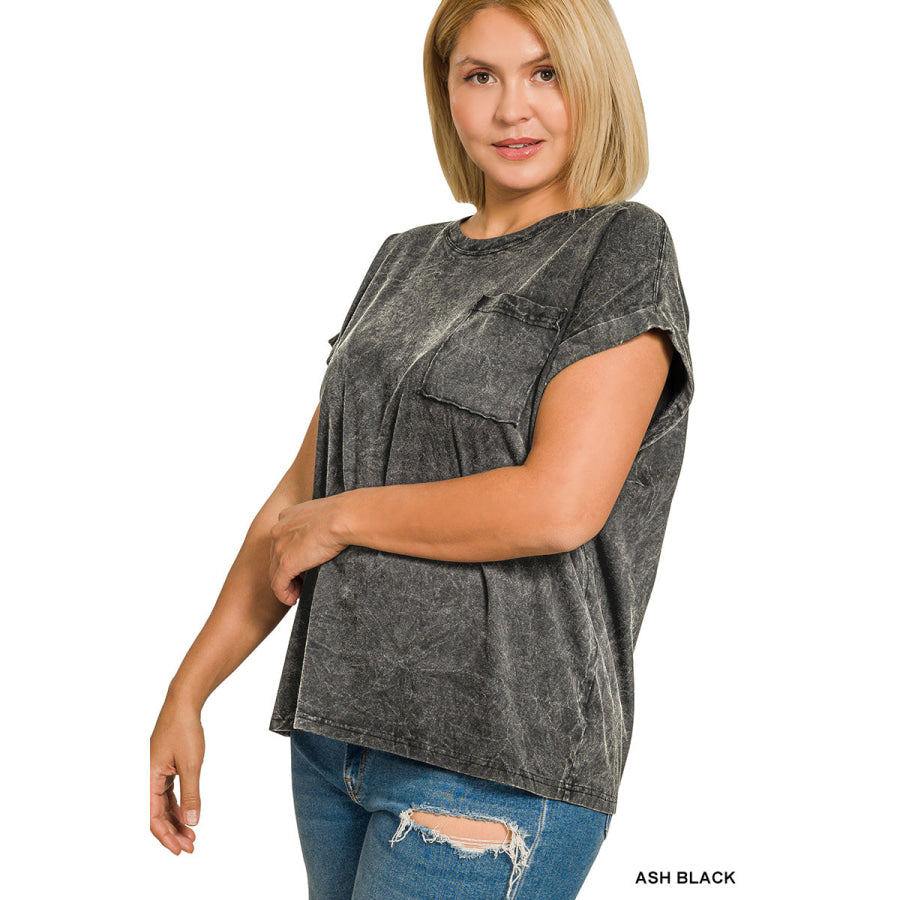 Zenana Full Size Crinkle Washed Round Neck Folded Short Sleeve Tee Plus Size Apparel and Accessories