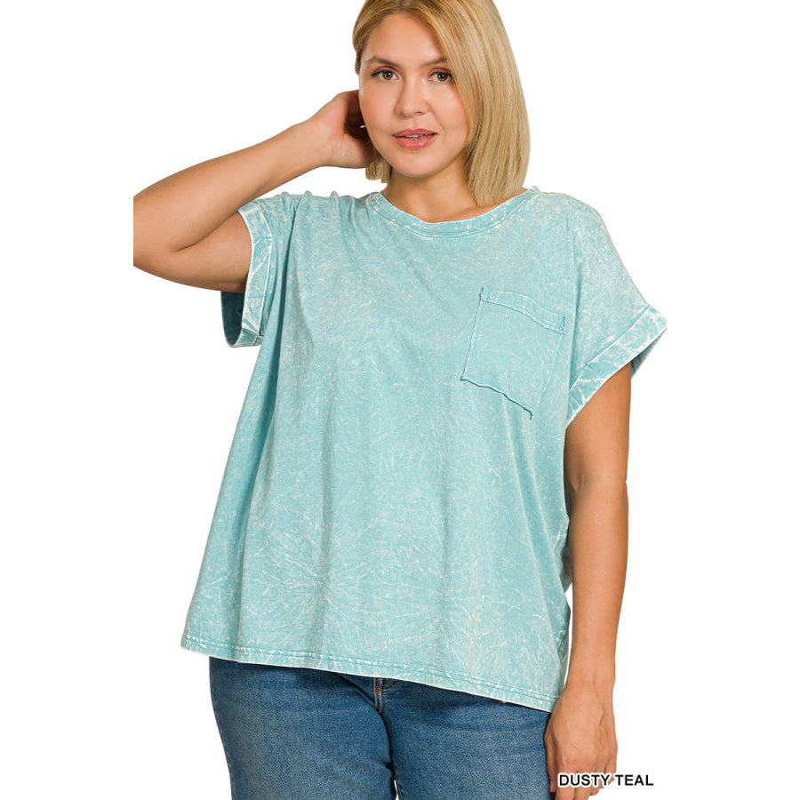 Zenana Full Size Crinkle Washed Round Neck Folded Short Sleeve Tee Plus Size Apparel and Accessories
