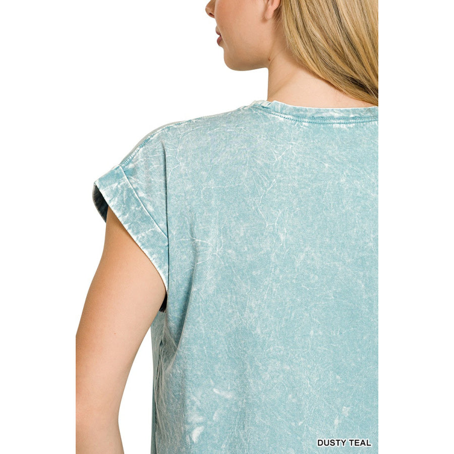 Zenana Full Size Crinkle Washed Round Neck Folded Short Sleeve Tee Plus Size Apparel and Accessories