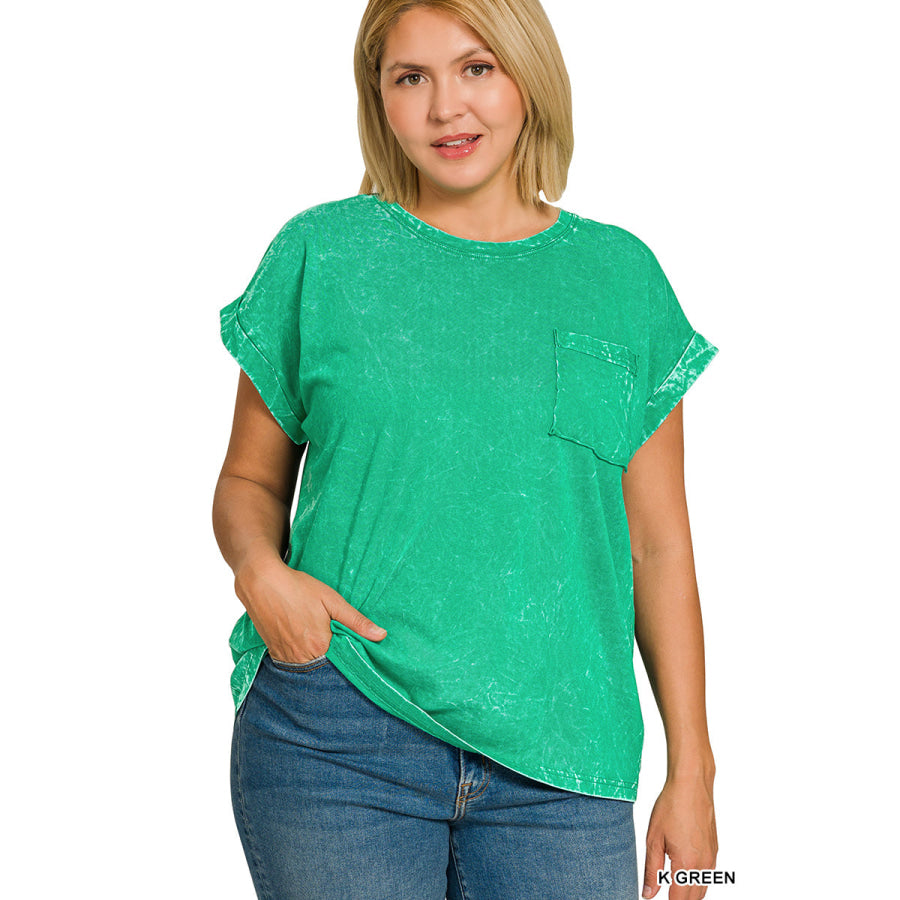 Zenana Full Size Crinkle Washed Round Neck Folded Short Sleeve Tee Plus Size K GREEN / S Apparel and Accessories