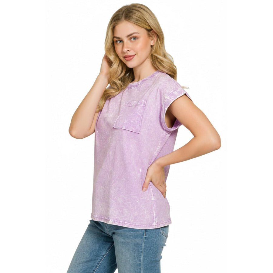Zenana Full Size Crinkle Washed Round Neck Folded Short Sleeve Tee Plus Size B LAVENDER / S Apparel and Accessories