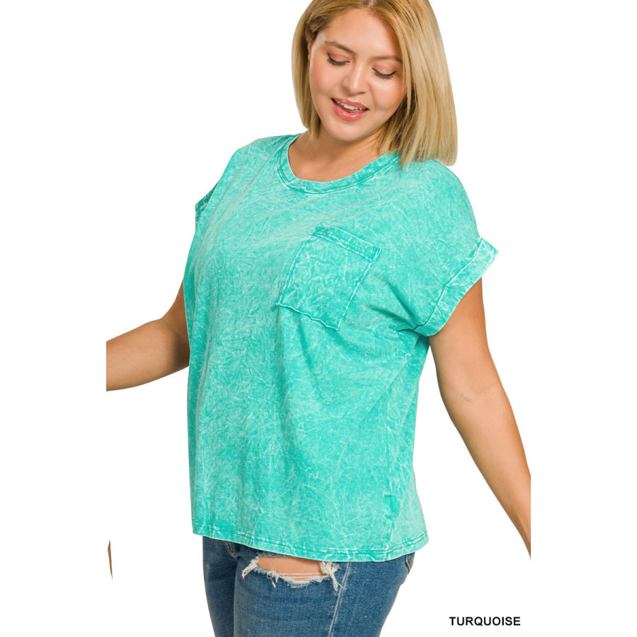 Zenana Full Size Crinkle Washed Round Neck Folded Short Sleeve Tee Plus Size Apparel and Accessories