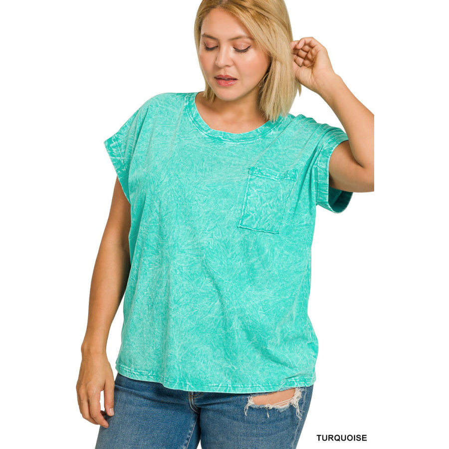 Zenana Full Size Crinkle Washed Round Neck Folded Short Sleeve Tee Plus Size TURQUOISE / S Apparel and Accessories
