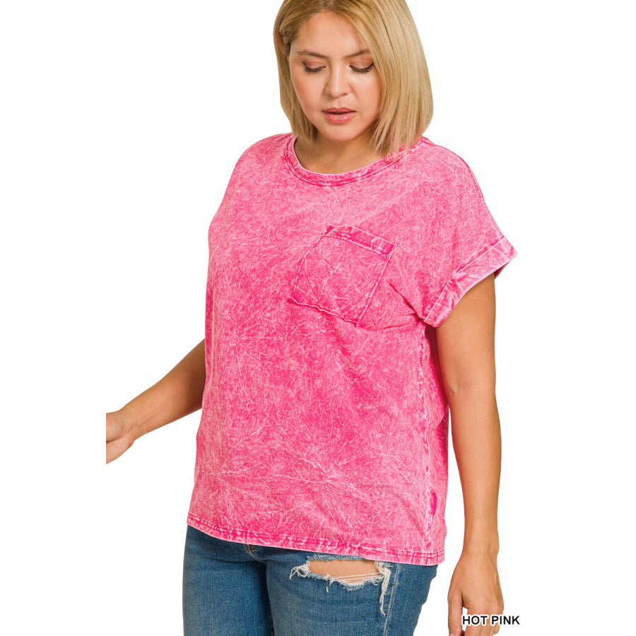 Zenana Full Size Crinkle Washed Round Neck Folded Short Sleeve Tee Plus Size Apparel and Accessories