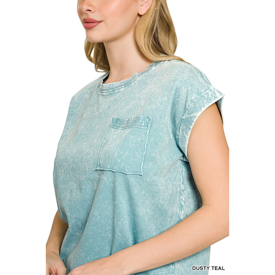Zenana Full Size Crinkle Washed Round Neck Folded Short Sleeve Tee Plus Size Apparel and Accessories