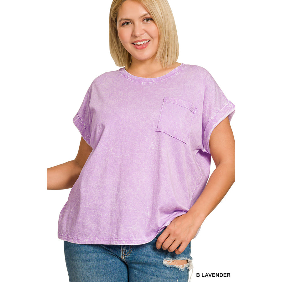 Zenana Full Size Crinkle Washed Round Neck Folded Short Sleeve Tee Plus Size Apparel and Accessories