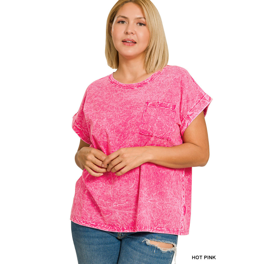 Zenana Full Size Crinkle Washed Round Neck Folded Short Sleeve Tee Plus Size HOT PINK / S Apparel and Accessories
