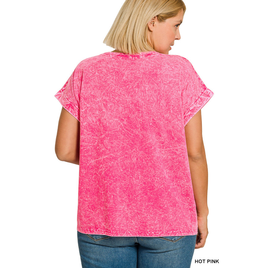 Zenana Full Size Crinkle Washed Round Neck Folded Short Sleeve Tee Plus Size Apparel and Accessories
