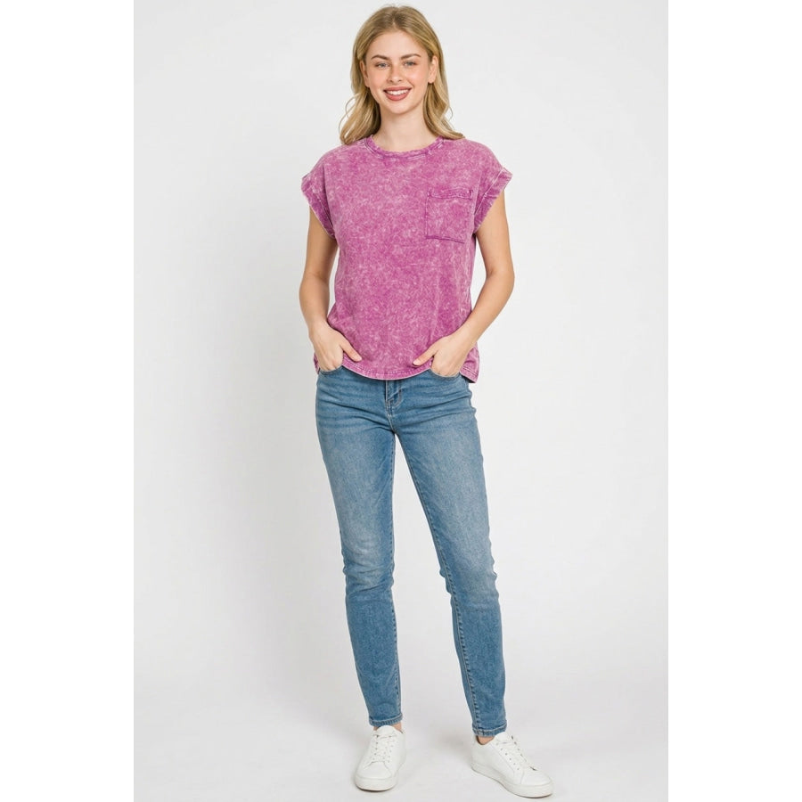 Zenana Full Size Crinkle Washed Round Neck Folded Short Sleeve Tee Plus Size Apparel and Accessories