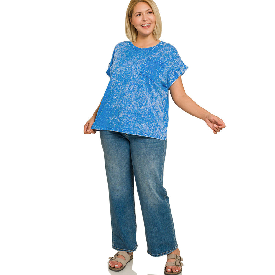 Zenana Full Size Crinkle Washed Round Neck Folded Short Sleeve Tee Plus Size Apparel and Accessories