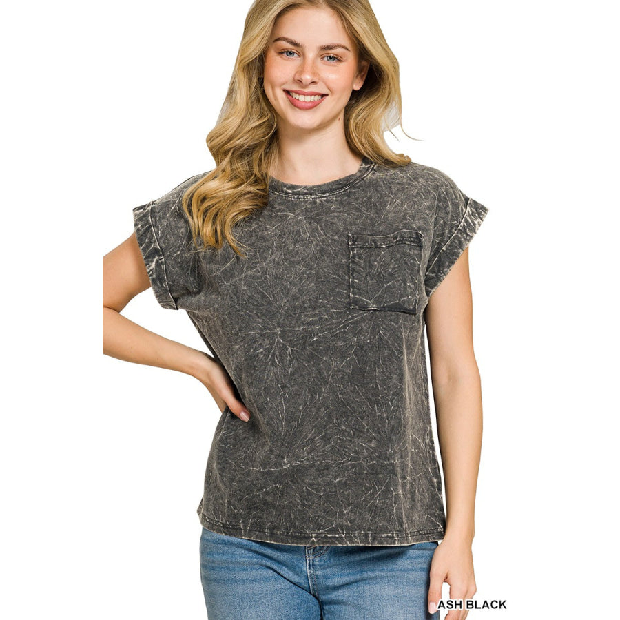 Zenana Full Size Crinkle Washed Round Neck Folded Short Sleeve Tee Plus Size ASH BLACK / S Apparel and Accessories
