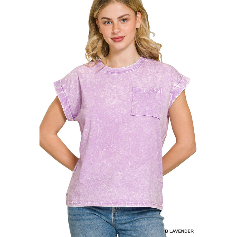 Zenana Full Size Crinkle Washed Round Neck Folded Short Sleeve Tee Plus Size B LAVENDER / S Apparel and Accessories