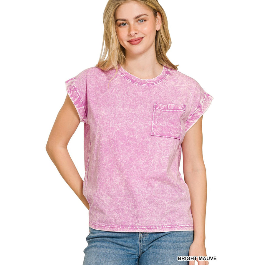 Zenana Full Size Crinkle Washed Round Neck Folded Short Sleeve Tee Plus Size BRIGHT MAUVE / S Apparel and Accessories