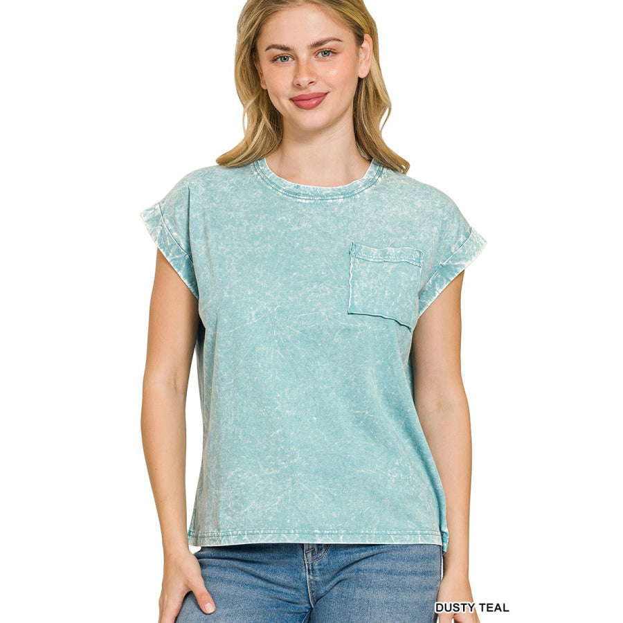Zenana Full Size Crinkle Washed Round Neck Folded Short Sleeve Tee Plus Size DUSTY TEAL / S Apparel and Accessories
