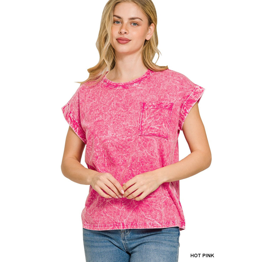 Zenana Full Size Crinkle Washed Round Neck Folded Short Sleeve Tee Plus Size HOT PINK / S Apparel and Accessories