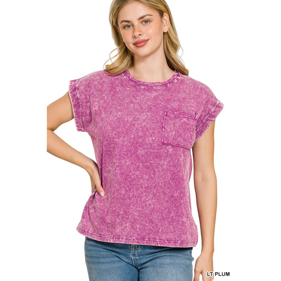 Zenana Full Size Crinkle Washed Round Neck Folded Short Sleeve Tee Plus Size LT PLUM / S Apparel and Accessories