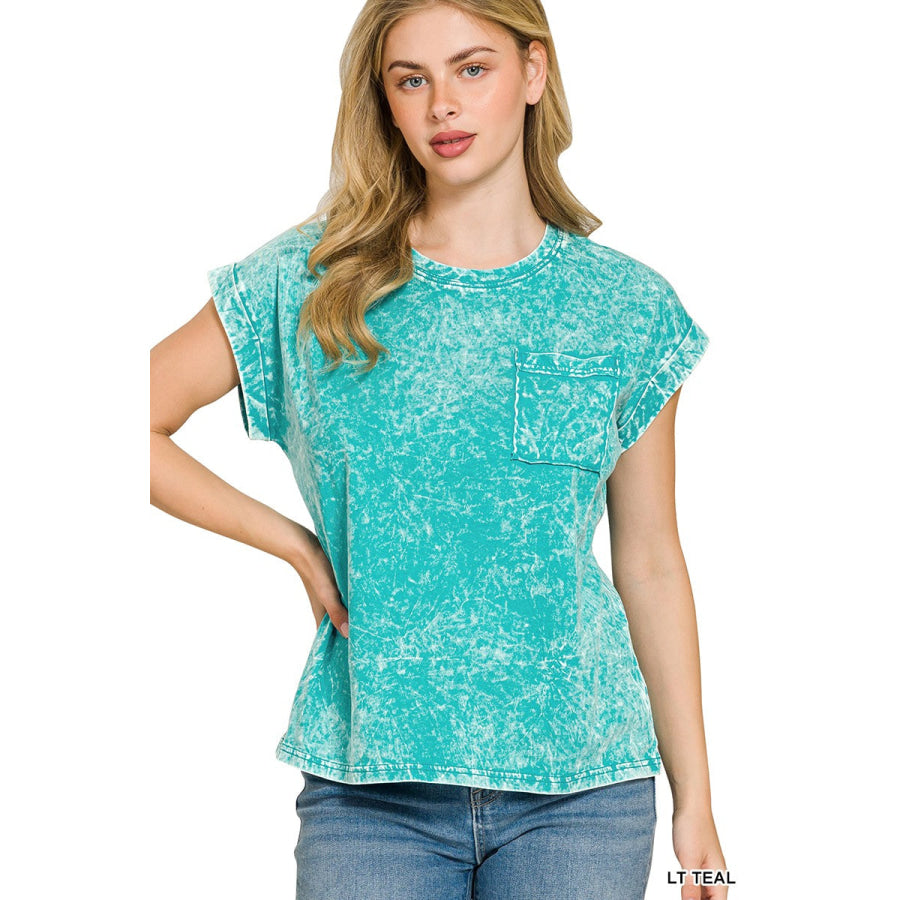 Zenana Full Size Crinkle Washed Round Neck Folded Short Sleeve Tee Plus Size LT TEAL / S Apparel and Accessories