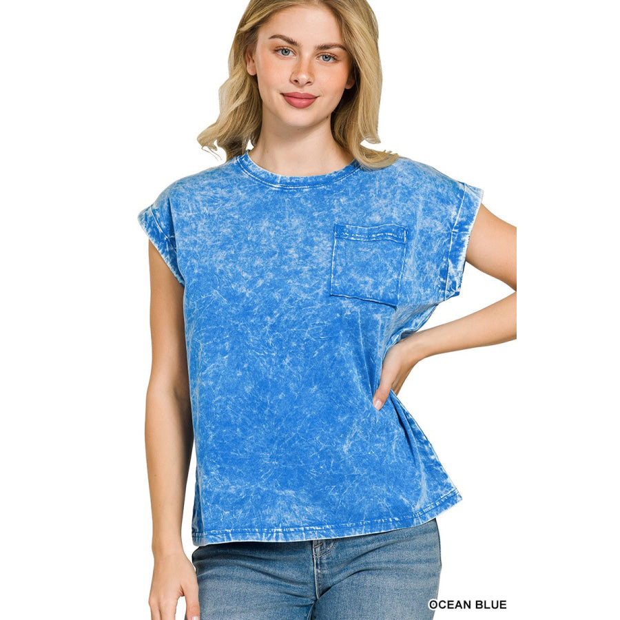Zenana Full Size Crinkle Washed Round Neck Folded Short Sleeve Tee Plus Size OCEAN BLUE / S Apparel and Accessories