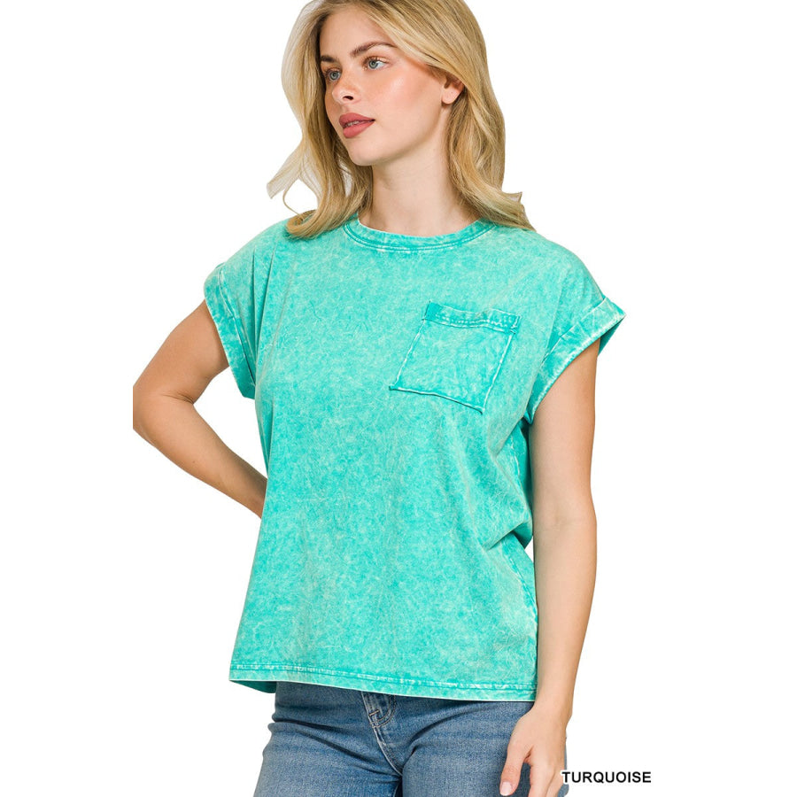 Zenana Full Size Crinkle Washed Round Neck Folded Short Sleeve Tee Plus Size TURQUOISE / S Apparel and Accessories