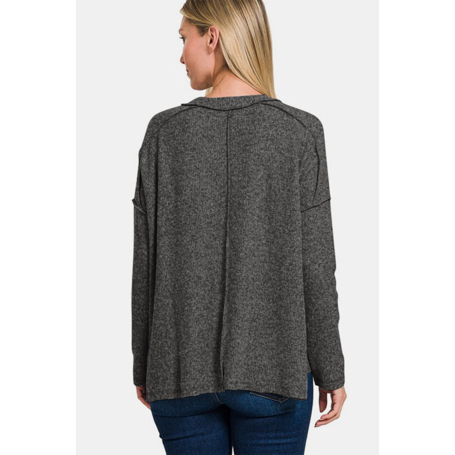 Zenana Full Size Exposed Seam Brushed Round Neck Sweater Apparel and Accessories