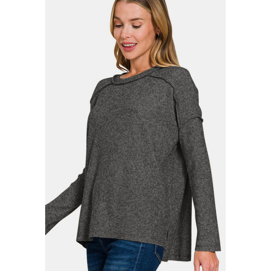 Zenana Full Size Exposed Seam Brushed Round Neck Sweater Apparel and Accessories