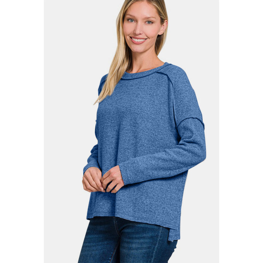 Zenana Full Size Exposed Seam Brushed Round Neck Sweater Apparel and Accessories