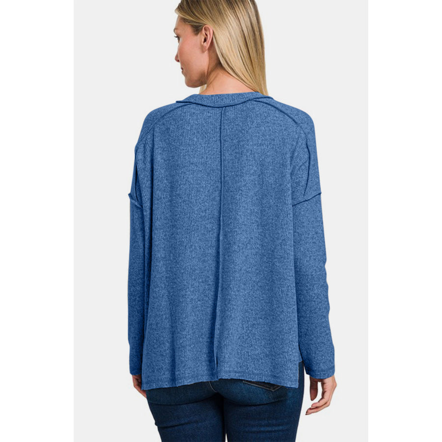 Zenana Full Size Exposed Seam Brushed Round Neck Sweater Apparel and Accessories