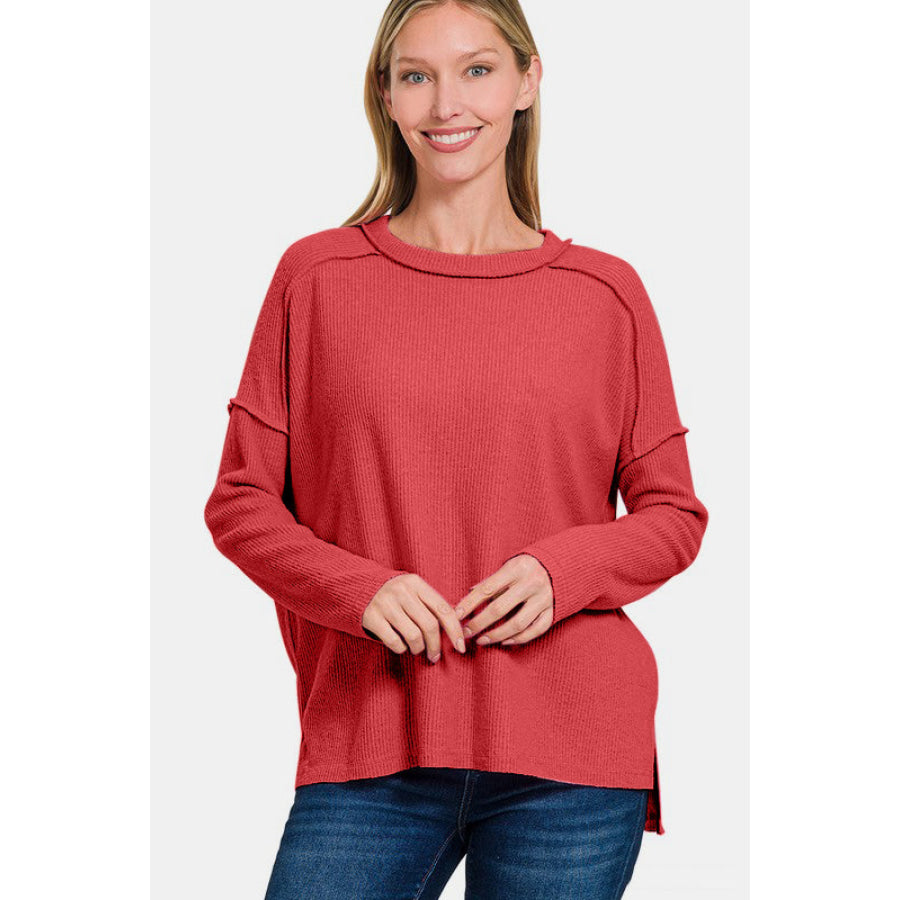 Zenana Full Size Exposed Seam Brushed Round Neck Sweater Apparel and Accessories