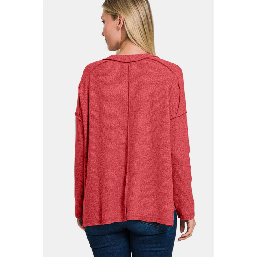 Zenana Full Size Exposed Seam Brushed Round Neck Sweater Red / S/M Apparel and Accessories