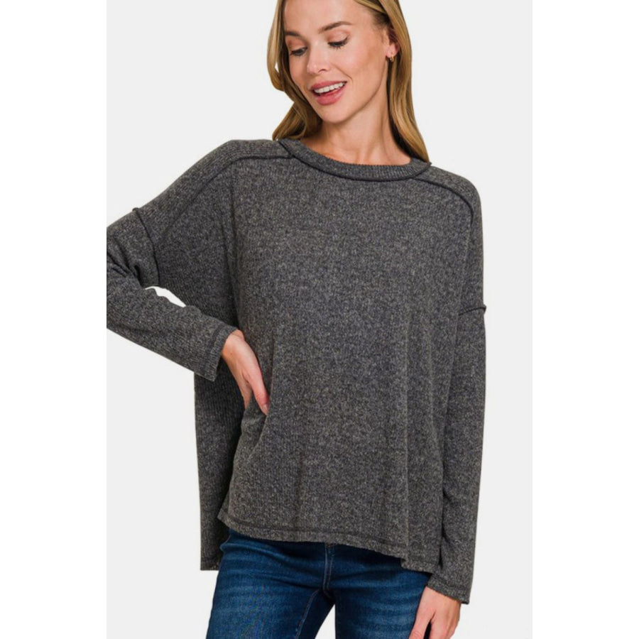 Zenana Full Size Exposed Seam Brushed Round Neck Sweater Black / S/M Apparel and Accessories