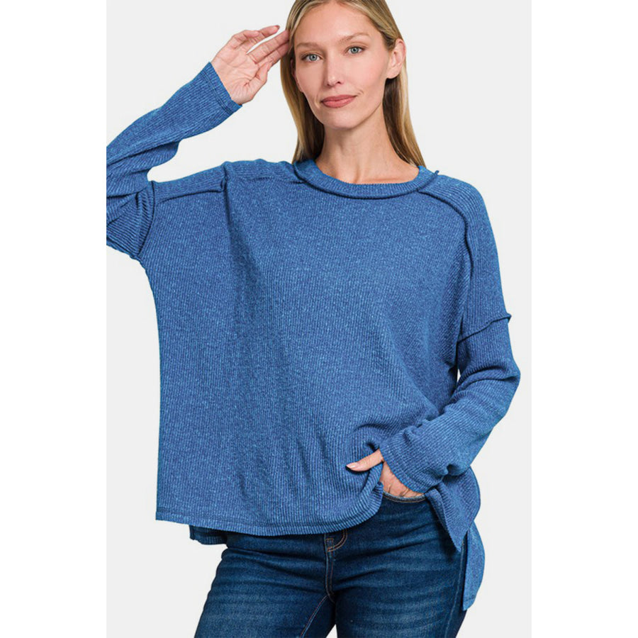 Zenana Full Size Exposed Seam Brushed Round Neck Sweater Navy / S/M Apparel and Accessories