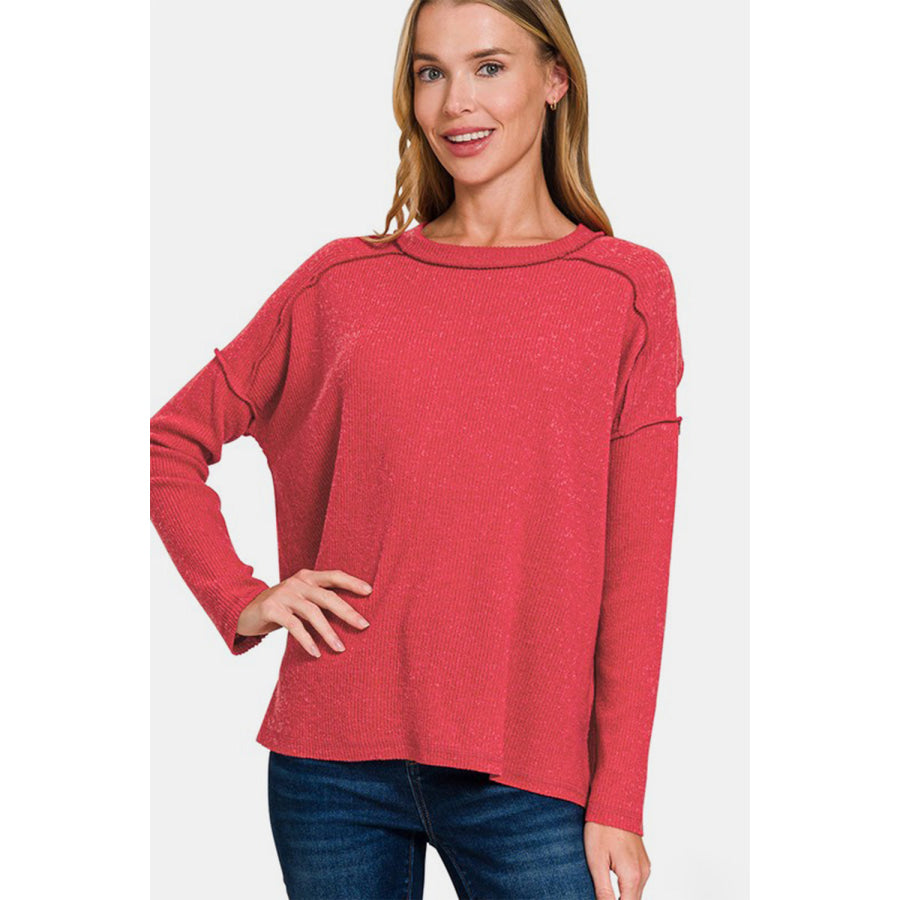 Zenana Full Size Exposed Seam Brushed Round Neck Sweater Red / S/M Apparel and Accessories