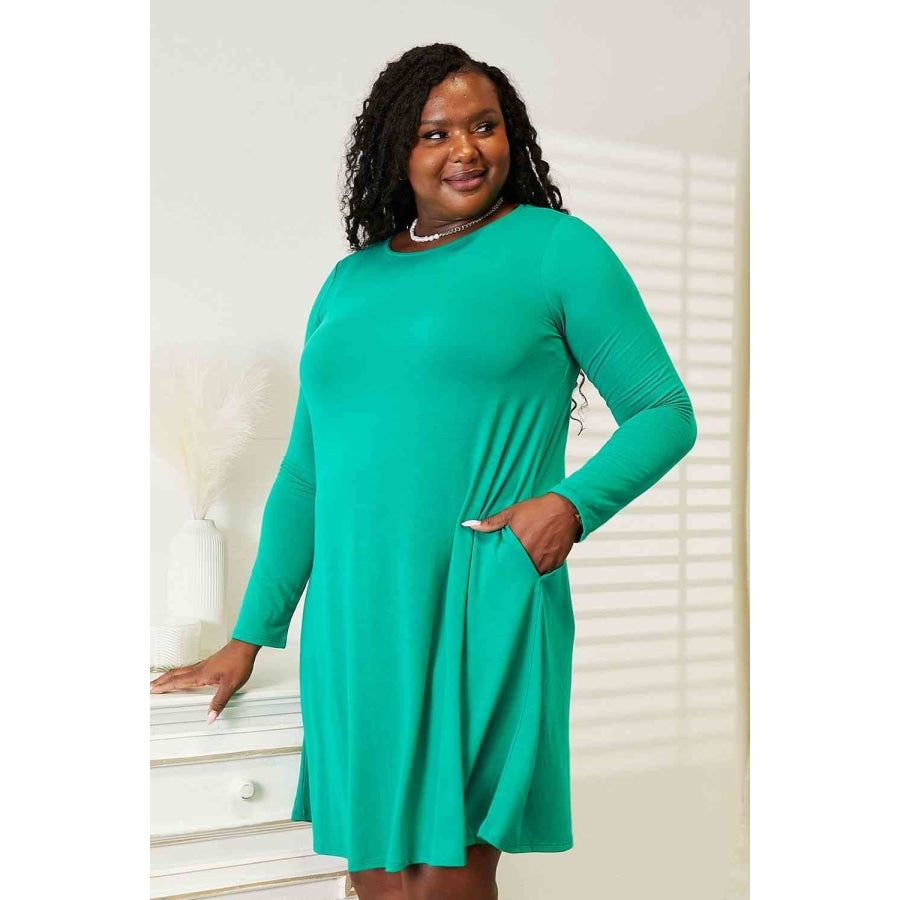 Zenana Full Size Long Sleeve Flare Dress with Pockets Apparel and Accessories