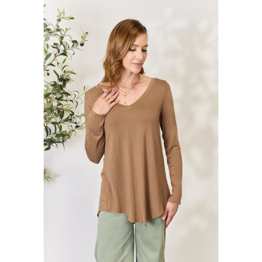 Zenana Full Size Long Sleeve V-Neck Top Deep Camel / S