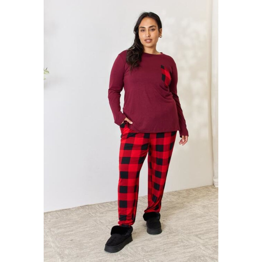 Zenana Full Size Plaid Round Neck Top and Pants Pajama Set Dark Burgundy / S