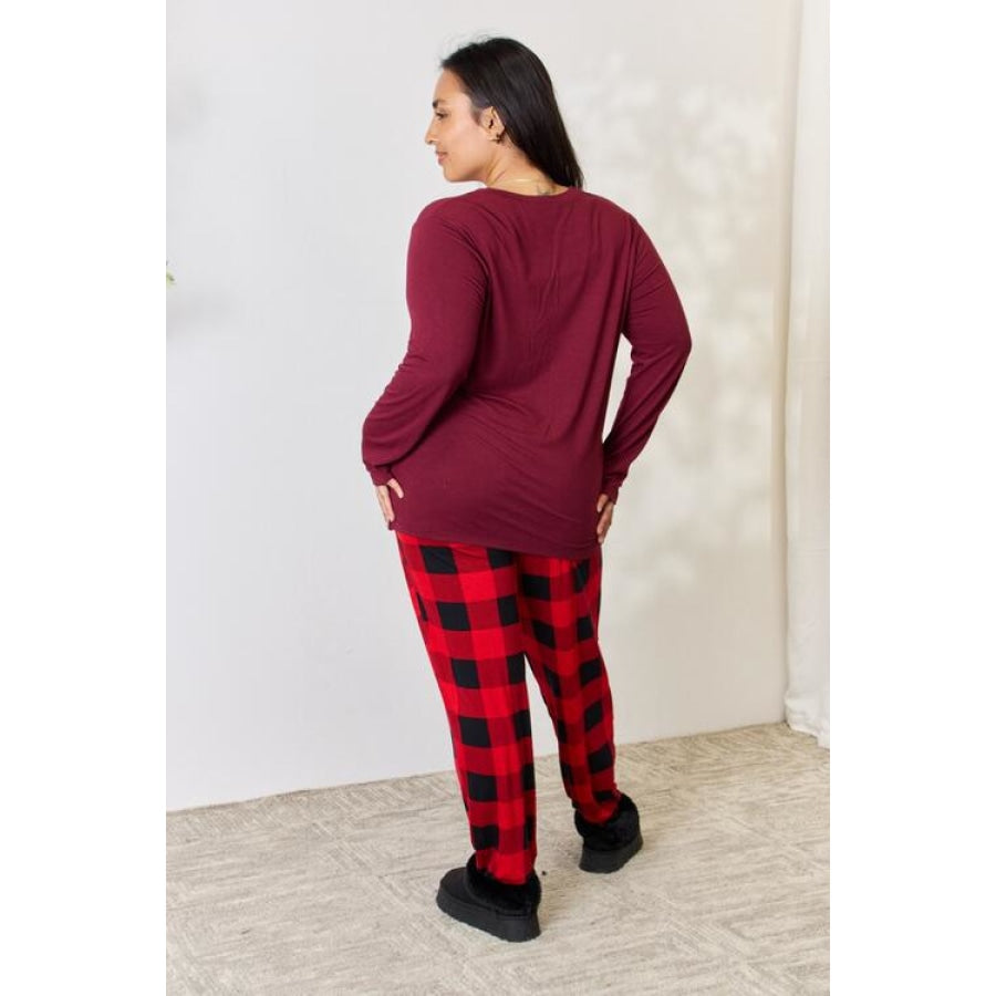 Zenana Full Size Plaid Round Neck Top and Pants Pajama Set Dark Burgundy / S
