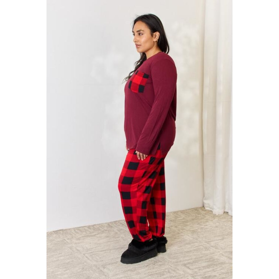 Zenana Full Size Plaid Round Neck Top and Pants Pajama Set