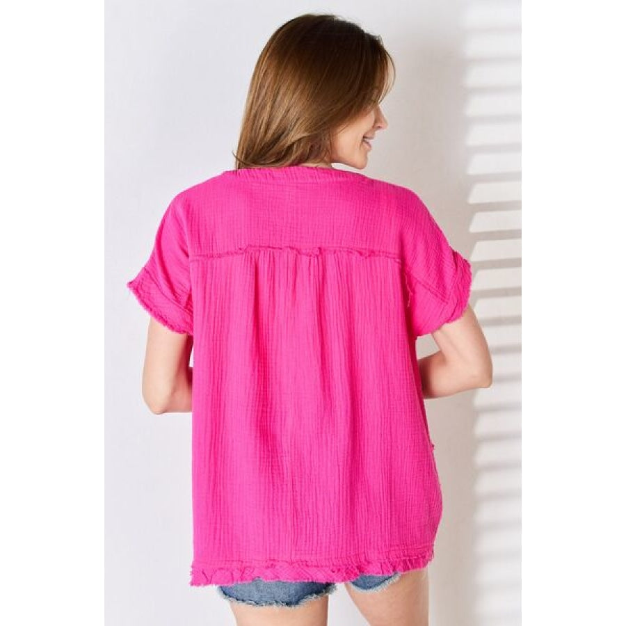 Zenana Full Size Raw Hem Short Sleeve Top Hot Pink / S Apparel and Accessories