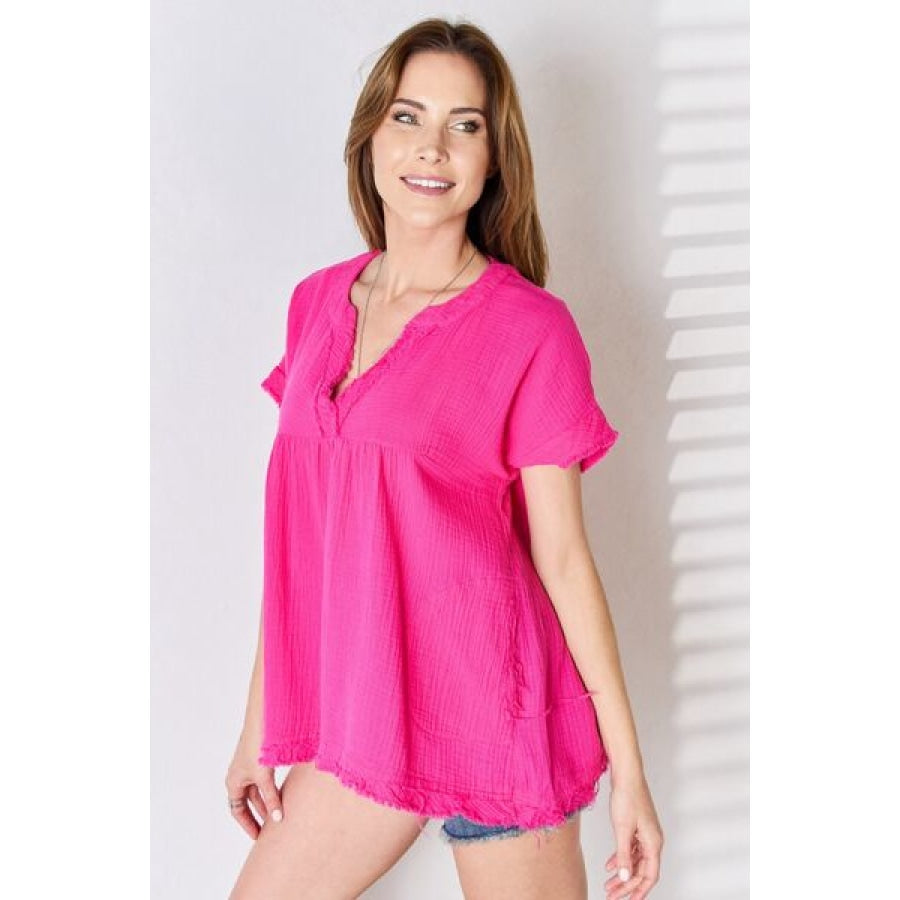 Zenana Full Size Raw Hem Short Sleeve Top Apparel and Accessories