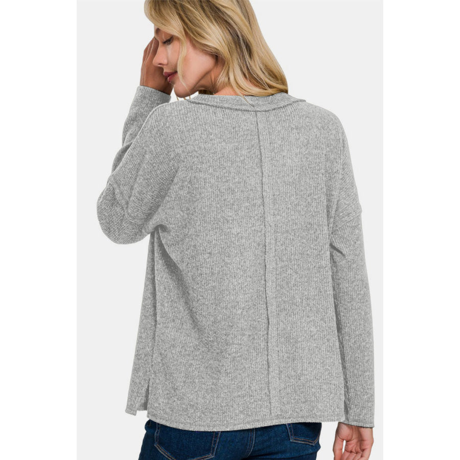 Zenana Full Size Ribbed V-Neck Drop Shoulder Top Sleet / S Apparel and Accessories