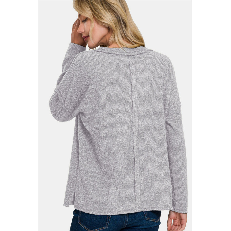 Zenana Full Size Ribbed V-Neck Drop Shoulder Top H Grey / S Apparel and Accessories