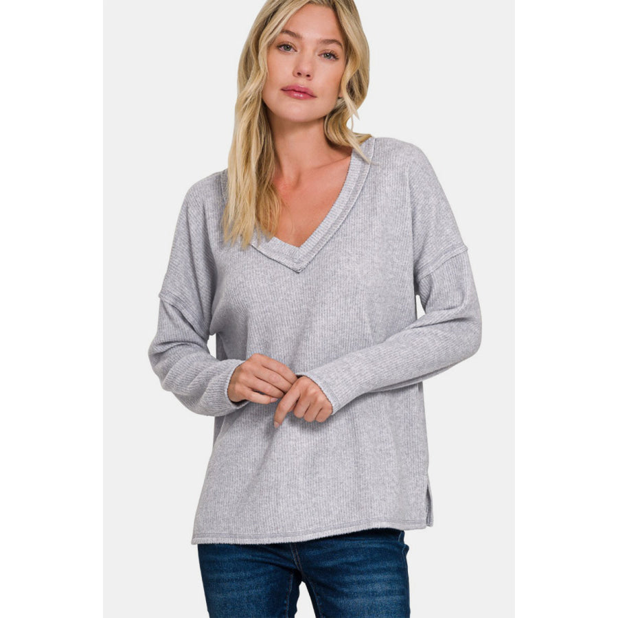 Zenana Full Size Ribbed V-Neck Drop Shoulder Top H Grey / S Apparel and Accessories