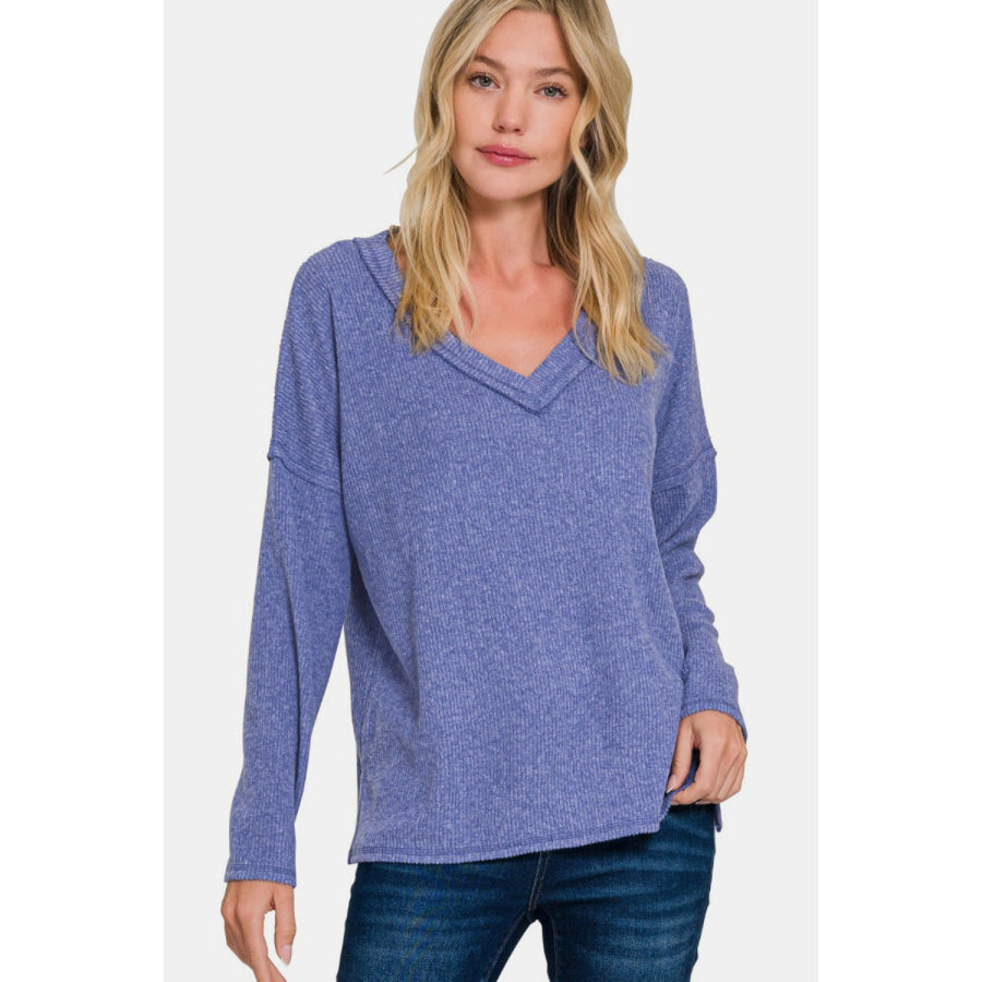 Zenana Full Size Ribbed V-Neck Drop Shoulder Top Marlin / S Apparel and Accessories