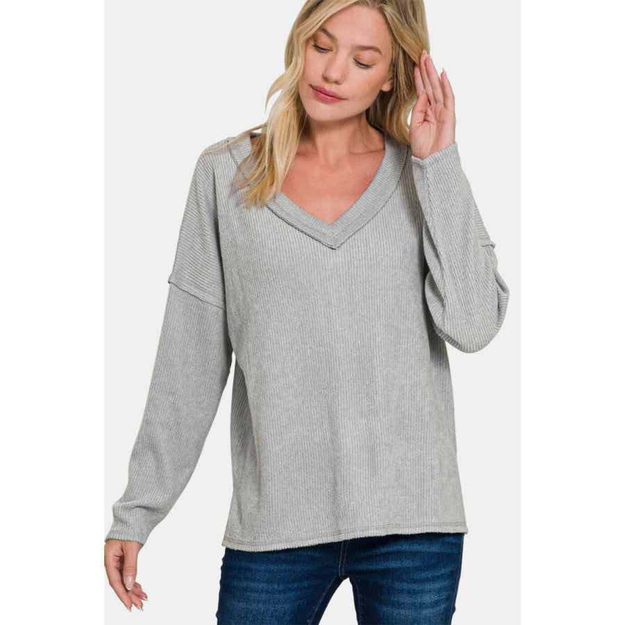 Zenana Full Size Ribbed V-Neck Drop Shoulder Top Sleet / S Apparel and Accessories