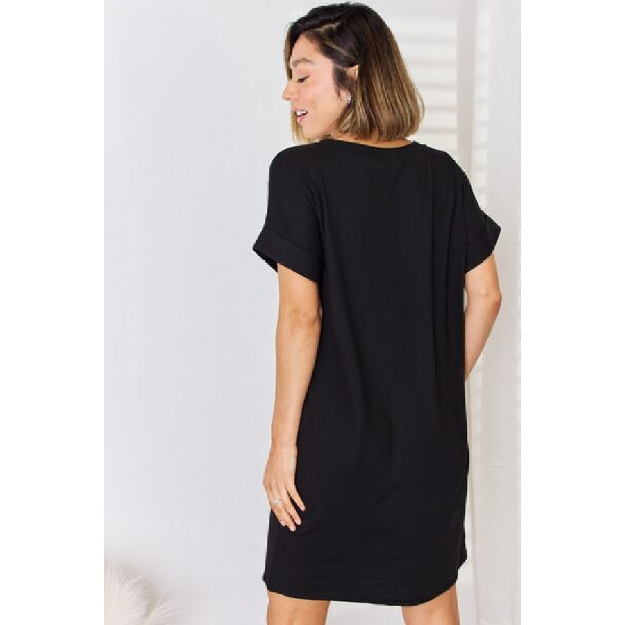 Zenana Full Size Rolled Short Sleeve V-Neck Dress Apparel and Accessories