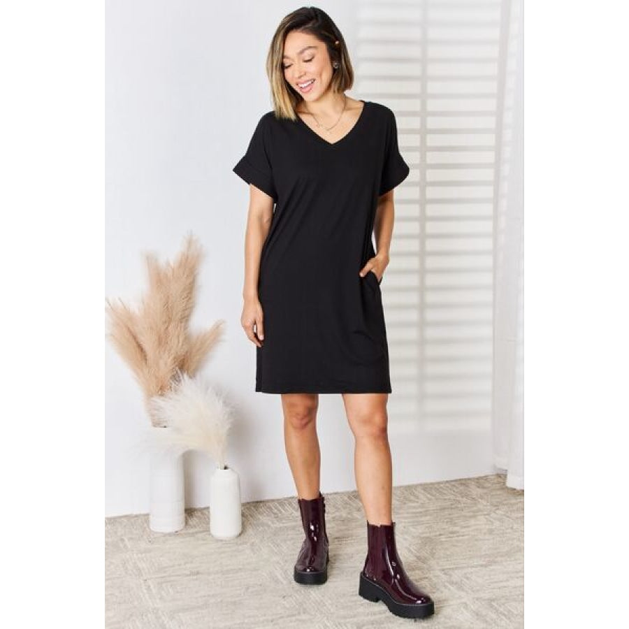 Zenana Full Size Rolled Short Sleeve V-Neck Dress Apparel and Accessories